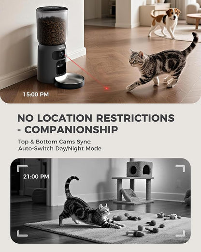 AI Cat Feeder with Dual Cameras (1 Adjustable), 2K HD Night Vision, 5G/2.4G WiFi, 6L Automatic Pet Feeder with APP Control, Laser Interactive Toy, Two-Way Audio & Scheduled Feeding