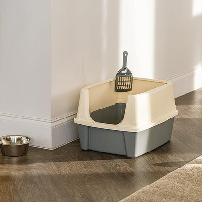 Amazon Basics Large Cat Litter Box with High Sides, Open Top, Includes Scoop, 19 x 15 x 11.75 inches, Grey/Beige