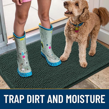 Smiry Dog Door Mat for Muddy Paws 47x32, Absorbs Moisture and Dirt Doormat, Non-Slip Washable Quick Dry Chenille Front Door Mat Indoor Entrance, Entryway Carpet for Inside Floor, Green