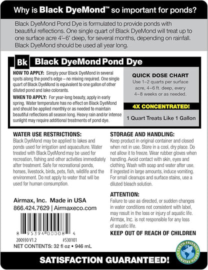 Airmax Black DyeMond Pond Dye 4X Concentrate for Outdoor Ponds & Lakes, Natural Pond Colorant & Beauty Enhancer, Block Ultraviolet Rays, Fish, Bird & Livestock Safe, Easy Liquid Application, 1 Quart