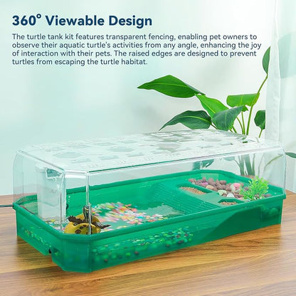 Aquatic Turtle Tank Habitat Kit Stone+Filter+Heat Lamp Enhancing Interaction with 360° Viewing, Standalone Filtration, DIY Creative Zone, Enriched Living (Green, L[Without Light])