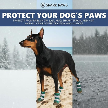 Spark Paws Dog Shoes, Waterproof Dog Boots for Medium to Large Dogs, Non Slip, Breathable Dog Booties and Paw Protectors - 4PCS Doggie Hiking Boots with Reflective Straps, Green Camo, Size 2