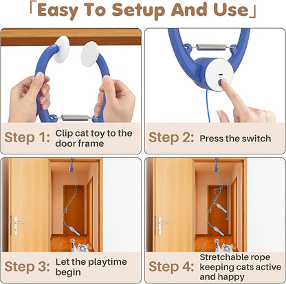 Interactive Cat Toys Rechargeable, Feather Toy for Indoor Cat, Hanging Retractable Teaser Toy, Automatic Kitten Play Chase Exercise Toys with Three Plush Mouse, USB Powered (Blue)
