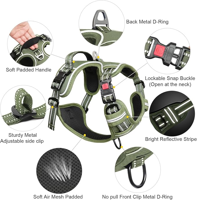 Timos Dog Harness Medium Sized, No Pull Pet Harness with Neck Lockable Snap,No Choke Front Clip Dog Reflective Vest,Adjustable Metal Rings 3 Buckles,Easy Control Handle for Medium Dogs Green M