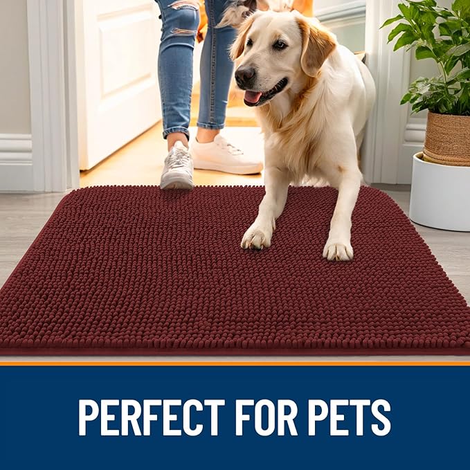 OLANLY Dog Door Mat for Muddy Paws 44x24, Absorbs Moisture and Dirt, Absorbent Non-Slip Washable Doormat, Quick Dry Chenille Mud Mat, Entry Indoor Entryway Carpet for Inside Floor, Caramel Russet