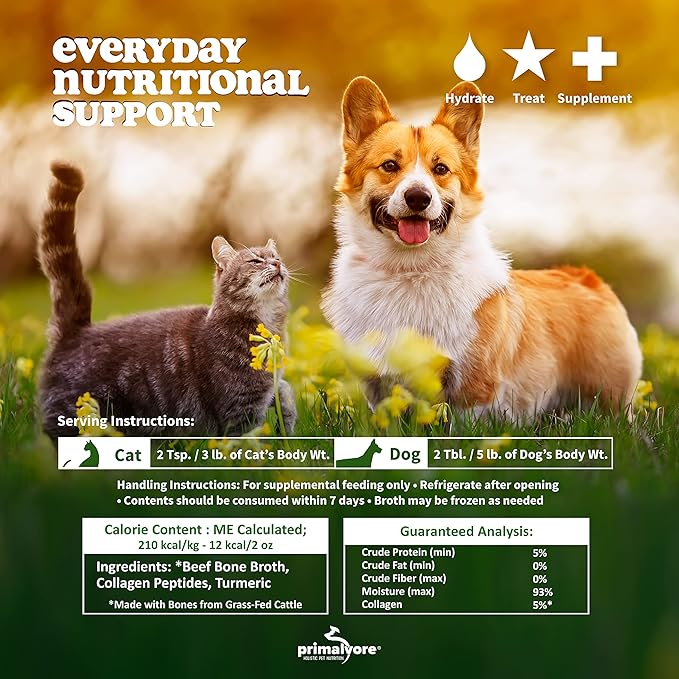 Primalvore Grass-Fed Beef Bone Broth for Dogs &Cats, Mobility Formula w/Collagen Peptides to Help Support Hip & Joints, Digestion, Skin & Coat and Hydration, Human Grade, Made in USA. Beef 6 Pack