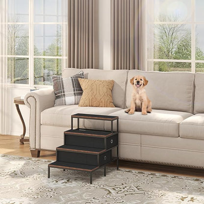 Dog Window Perch with 360° & Adjustable Raised Feeder, Pet Bunk Bed with Removable Stair and 2 Drawers, Elevated Platform Bed, Pet Elevated Seat with Cushion, Paw-Friendly Ladder
