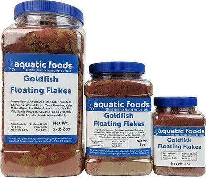 Aquatic Foods Inc. Premium Goldfish Flakes, 42% Protein Color Enhancing and Spirulina Flakes for Aquarium, Koi and All Pond Fish Also Pellet Mix, Wafer Mix Included…2oz