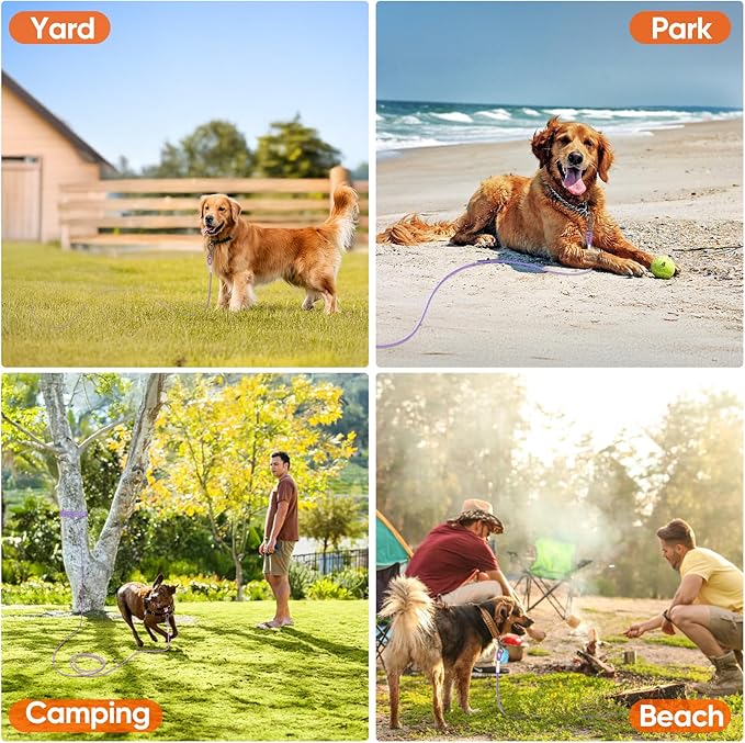 Tresbro 50FT Reflective Tie Out Cable for Dogs Up to 250 Pounds, Steel Wire Lead Leash Cable with Stainless Rotatable Buckle, Lightweight and Enduring, Dog Chains Outside for Outdoor, Yard, Purple