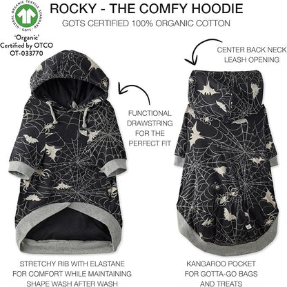 Rocky – The Orginal Lightweight Hooded TEE 100% Organic Cotton Dog Hoodie Pet Coat Sweater for Small, Medium, Large Dogs, Batty Black, Large