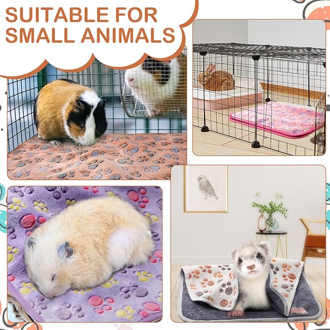 Reginary 4 Pcs Waterproof Guinea Pig Blankets Washable Small Animal Fleece Bedding Absorbent Guinea Pig Cage Liners Reusable Pet Pee Pad Sleep Mat for Hamster Ferret(Paw Print,28 x 14 Inch)