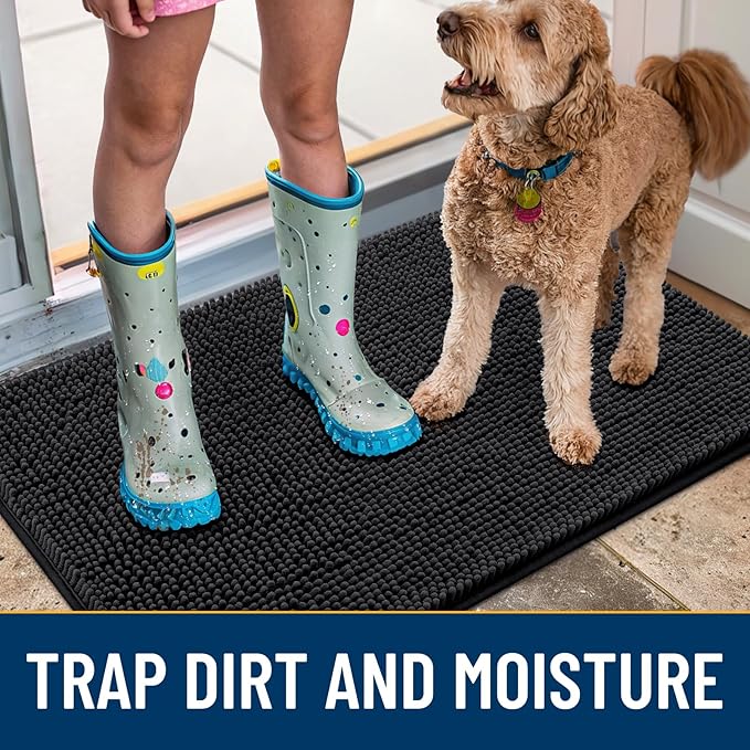 Smiry Dog Door Mat for Muddy Paws 40x32, Absorbs Moisture and Dirt Doormat, Non-Slip Washable Quick Dry Chenille Front Door Mat Indoor Entrance, Entryway Carpet for Inside Floor, Black