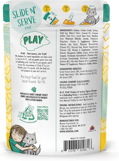 B.F.F. PLAY - Best Feline Friend Paté Lovers, Aw Yeah!, Chicken & Turkey Tiptoe with Chicken & Turkey, 3oz Pouch (Pack of 12)