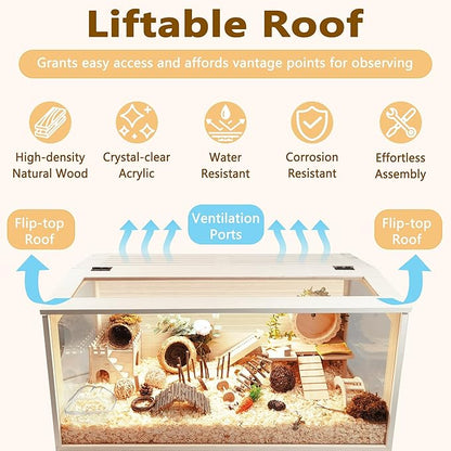 Prolee Hamster Cage Wooden Chew Proof, Extra Large Mice and Rat Habitat Openable Top with Acrylic Sheets Solid Built Small Animal Cage with Leg Stands, 40 Inch Long