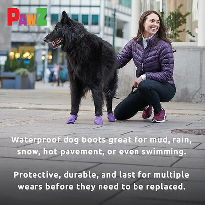 PawZ Rubber Dog Boots for Paws up to 4", 24 Total (2 Packs of 12) - All-Weather Dog Booties for Hot Pavement, Snow, Mud, and Rain - Waterproof, Anti Slip Dog Socks - Large, Purple