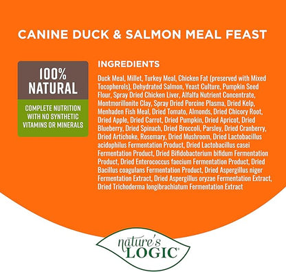 Nature's Logic Dry Dog Food - 100% Natural - No Synthetics - For All Ages, Sizes, Breeds - Free From Common Allergens, High Protein - Duck & Salmon Meal Feast, 13lbs