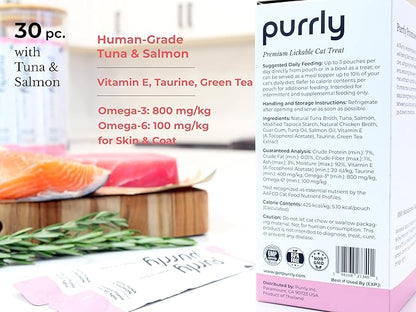 Purrly Healthy Premium Cat Treats Snack Topper Tuna Variety Bundle (90 Count) Lickable Wet Squeezable Hydrating Interactive Seafood Grain-Free Naturally Flavored Non-GMO No-Preservative