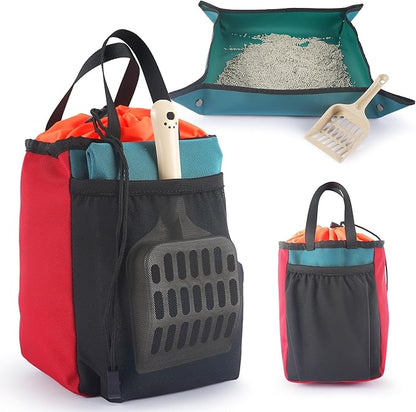 Travel Litter Box for Cats (3in1 Kit) – Foldable Litterbox + Litter Bag + Scooper (Portable Litter Box for Cat Traveling) Collapsible Litterbox for Car Travel with Cat, Camping, Plane