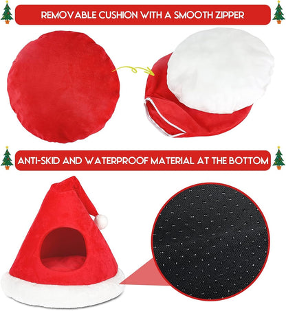 Christmas Cat Cave Bed – 2-in-1 Tree Tent, 16.9"
