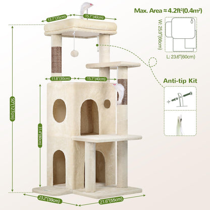 50-Inch Cat Tree Tower for Large Indoor Cats with Scratching Post & Caves
