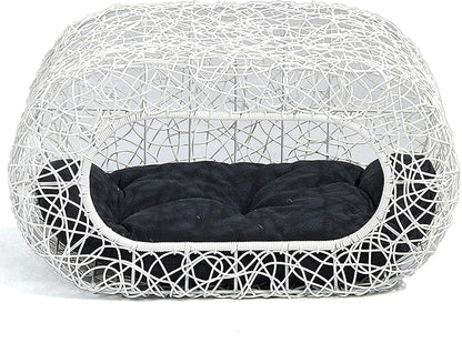 D+GARDEN Fun Stackable White Cat Condo for Indoor Cats - Interactive Play Rattan Modern Cat House for Indoor Cats Kitty, Pet Friendly Top/Side House Entry, Cat Bed Enclosed