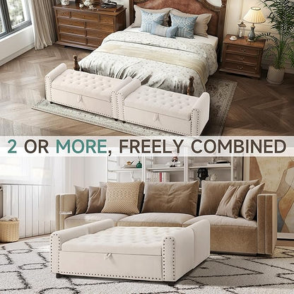 Ottoman with Storage, Tufted Storage Bench for Bedroom, 48" Fabrics End of Bed Bench, Upholstered Entryway Shoe Benches with Rolled Arm & Inner Zipper, Window Ottomans Chest with Rivets, Beige