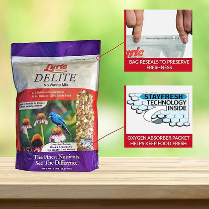 Lyric Delite Wild Bird Seed for Outside Feeders - No Waste Bird Food, Nuts & Seeds Mix, Attracts Buntings, Chickadees & Finches, 10 lb (Pack of 2-5 lb Bags)