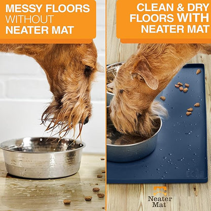 Neater Pet Brands Neater Mat Pet Mats for Food and Water, Cat & Dog Bowl Mat Waterproof Silicone, Feeding Tray, Dog Food Mats for Floors, Placemat w/Raised Edge for Under Bowls, 16” x 10”, Dark Blue