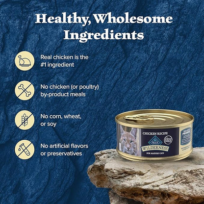 Blue Buffalo Wilderness High Protein Grain Free, Natural Mature Pate Wet Cat Food, Chicken 5.5-oz cans (Pack of 24)