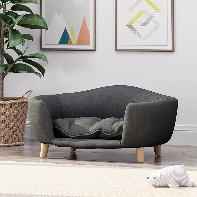 Christopher Knight Home Elroy Orthopedic Dog Bed, Elevated Dog Sofa Bed for Small Dog, Supportive Foam Pet Couch Bed with Wooden Legs, Modern Pet Sofa Bed, Dark Gray