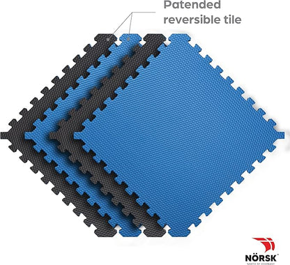 Norsk Reversible Gym Exercise Mats 3/4" Thick EVA Interlocking Foam Tiles, Perfect Home Gym Flooring, 32 Tiles & 64 Trim Pieces, 128 Sq. Ft. Reversible, Dazzling Blue/Black