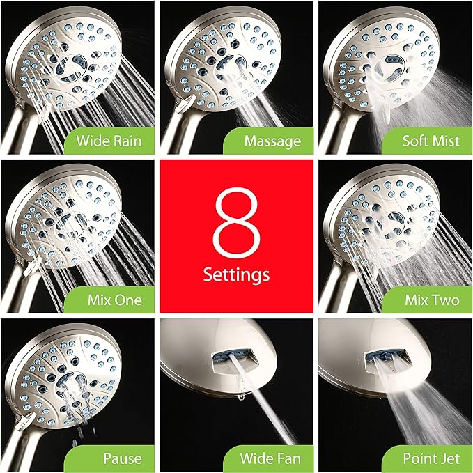Hotel Spa AquaCare High Pressure 8-mode Handheld Shower Head - Anti-clog Nozzles, Built-in Power Wash to Clean Tub, Tile & Pets, Extra Long 6 ft. Hose, Wall & Overhead Brackets - 1.8 GPM
