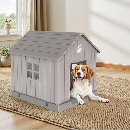 Vixzen 32in Large Outdoor Dog House,Durable Water Resistant Resin Dog House,Doghouse for Small to Large Dogs Indoor or Outside,with Air Vent and Elevated Floor,Gray