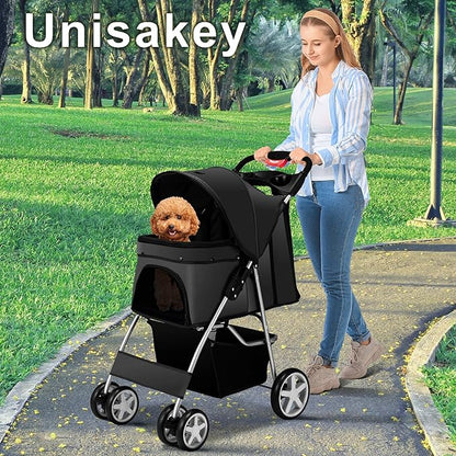 4 Wheels Pet Stroller for Small Medium Dogs Cats 10-33 lbs, Foldable Dog and Cat Stroller with Cup Holder & Storage Basket & Breathable Mesh, Pet Strolling Cart for All-Season, Black