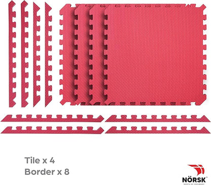 Norsk Reversible Gym Exercise Mats 3/4" Thick EVA Interlocking Foam Tiles, Perfect Gym Flooring for Home Gym, 12 24"x24" Tiles & 24 Trim Pieces, 48 Sq. Ft. Reversible, Red/Black