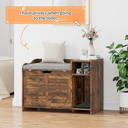 TrailBlaze Litter Box Enclosure with Top Opening&Scratching Mat, Cat Litter Box Furniture with Cushion Litter Box Hidden Wooden Cat Washroom Farmhouse Style Cat House for Hallway, Bedroom, Retro