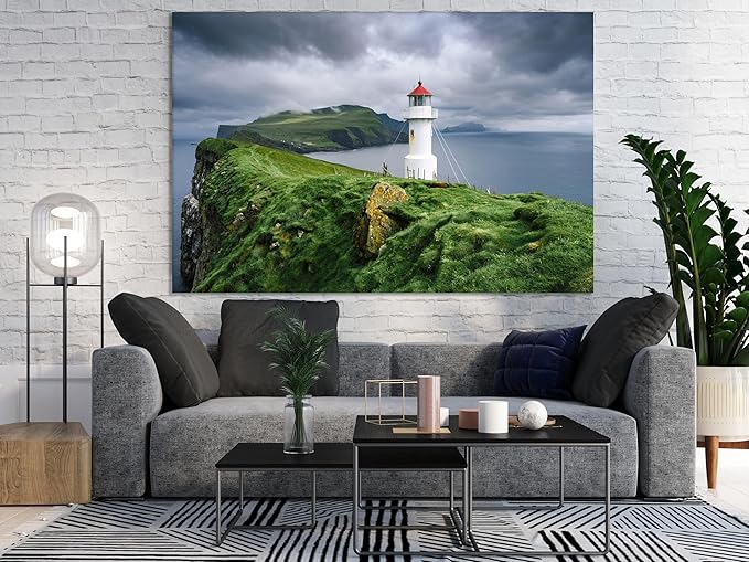 Nature Wall Art Prints - Ocean Forest Mountain Lake Canvas Landscapes - Small to Extra Large Living Room Bedroom Kitchen Bathroom Décor (Stormy Sky Lighthouse, 31L" x 47W")