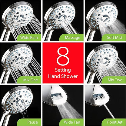 Hotel Spa AquaCare As-Seen-On-TV High Pressure Handheld/Rain 50-mode 3-way Shower Head Combo with Adjustable Arm - Anti-clog Nozzles, Tub & Pet Power Wash, 6 ft. Hose, All Chrome Finish
