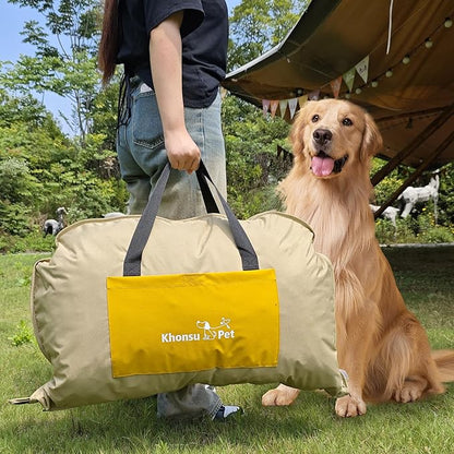 Portable Waterproof Dog Mat for Camping, Patio & Travel - Foldable Outdoor Dog Bed with Teflon Shell & Removable Plush Pad - Easy Clean, Durable - L (Lemon Yellow)