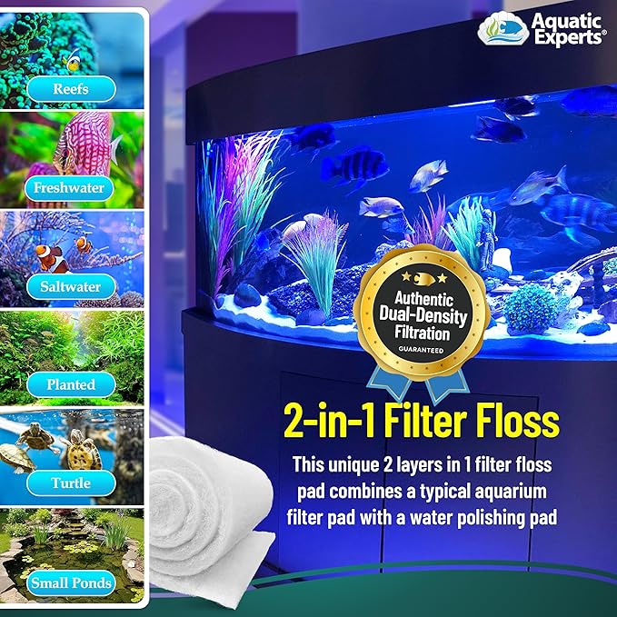 Aquatic Experts Aquarium Filter Floss for Fish Tank Filters - FilterFirst Aquarium Filter Pad - Media Roll for Crystal Clear Water, 3/4" - 1" Thick (12 Inch Wide, 12 Inch Long - 5 Pack)