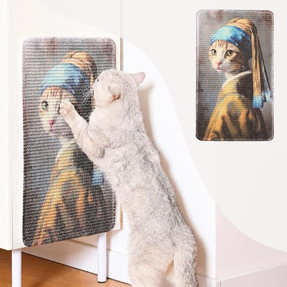 Sisal Cat Scratcher Post Mat (Use on Wall, Couch and Carpet), Shedding-Resistant Scratching Surface - 21.7x13 with Hoop and Loop Adhesives, Pads and Twist Pins (Cat with A Pearl Earring)
