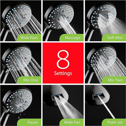Hotel Spa AquaCare High Pressure 8-mode Handheld Shower Head - Anti-clog Nozzles, Built-in Power Wash to Clean Tub, Tile & Pets, Extra Long 6 ft. Stainless Steel Hose, Wall & Overhead Brackets