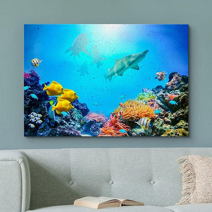 wall26 Canvas Print Wall Art Vibrant Coral Reef Shark Fish Anemone Reef Nature Animals Photography Realism Rustic Scenic Landscape Wilderness Earth for Living Room, Bedroom, Office - 24"x36"