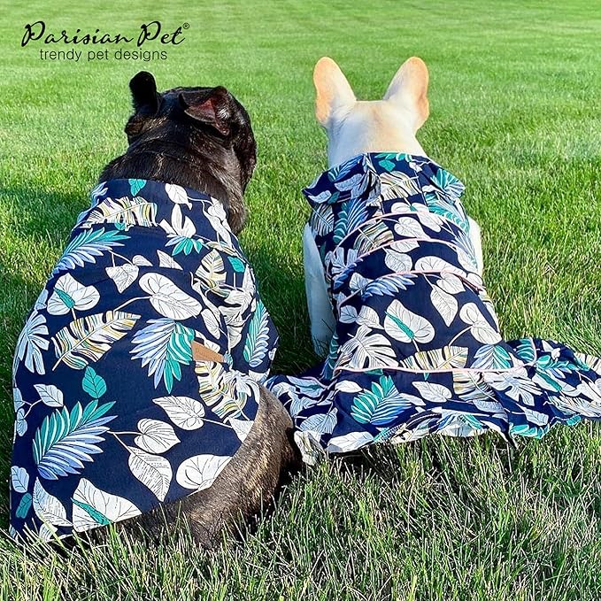 Parisian Pet Palm Leaves Dog Shirt - 100%Cotton Summer Clothes - Stylish Beach Outfit - Hook and Loop Closure - Machine Washable for Medium Dogs - M