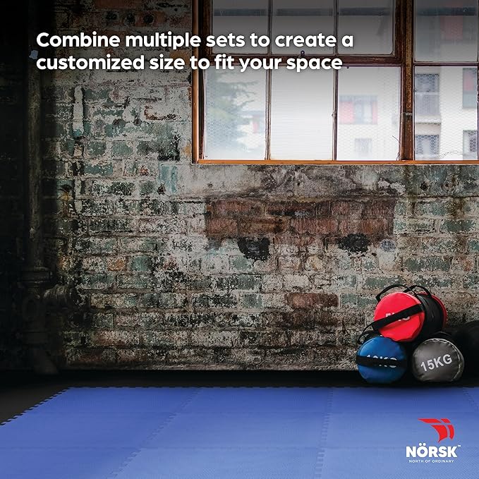 Norsk Reversible Gym Exercise Mats 3/4" Thick EVA Interlocking Foam Tiles, Perfect Home Gym Flooring, 32 Tiles & 64 Trim Pieces, 128 Sq. Ft. Reversible, Dazzling Blue/Black