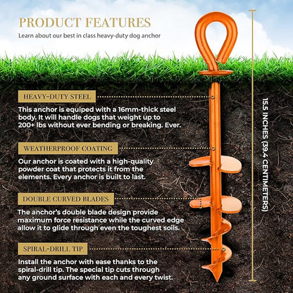 ROYAL-PAW Dog Tie Out Stake - for Large Dogs up to 210 lbs - Heavy Duty Dog Stake for Yard, Beach & Camping Outside - Best in Ground Anchor for a Dog Cable, Leash, Lead Tether (1, Orange)