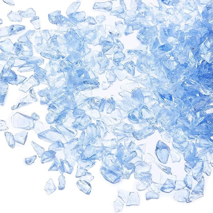 TWINKLING High Luster Fire Glass Gravel Stone Glitter,Broken Glass,Fire Gems Chips,Crushed Glass for Fire Pit Crafts Resin Art Aquarium Garden Decoration,3-6mm,1-Pound Jar (Light Blue)