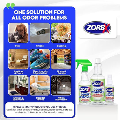 ZORBX Unscented Multipurpose Odor Eliminator Value Pack 2 Oz + 16 Oz + 32 Oz - Used in Hospitals & Healthcare Facilities - Advanced Trusted Formula - Perfect Bundle to Get Rid of Unpleasant Odors