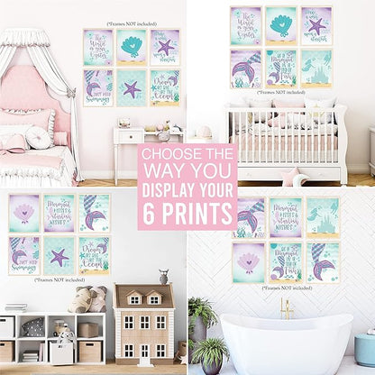 Hadley Designs 6 Mermaid Wall Decor – Reversible Magical Mermaid Wall Art for Nursery & Bathroom, Under the Sea Unframed Ocean-Themed Room Decor Prints for Girls' Bedroom