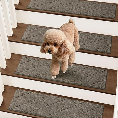 COSY HOMEER Stair Treads for Wooden Steps 9"x28" Washable Indoor Carpet Stair Treads Non Slip Soft Polyester Stair Carpet Tread Reusable Stair Runner Rugs for Kids, Elders,Pets,Light Brown,10pcs